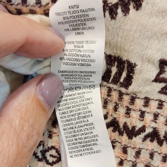 Lucky Brand Boho Top Cream and Pink/Brown Embroidered and Printed Accents 1X - Picture 5 of 6